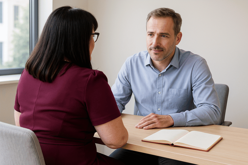 Mel Whiteside, a white woman with dark hair sits with her back to us, talking to a facilities management client, who is a white man in his 40s with brown hair, wearing a blue button down shirt discussing Strategic management, FM Compliance Check and performance audit